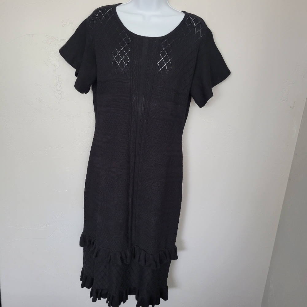 Bohme XL Black Sweater Dress Knit Short Sleeve Ruffle Soft Stretchy